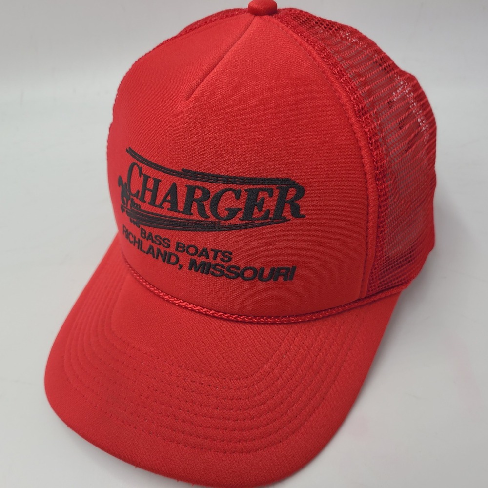 Vintage Charger Bass Boats Hat Snapback Trucker‎ Mesh Red Rope Richland Missouri
